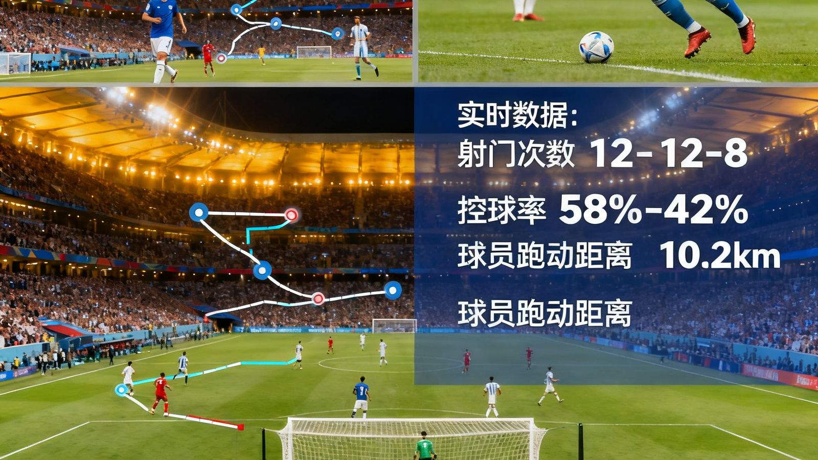 世界杯高清直播界面展示，多角度回放与实时数据叠加，球场氛围热烈