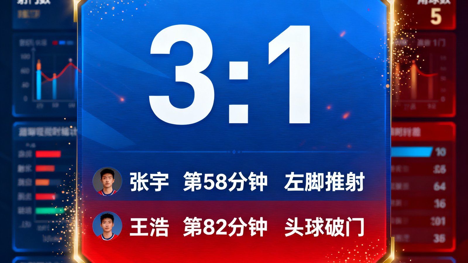 进球弹窗界面，大比分数字和进球队员信息，背景为球场数据统计